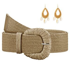 7439 Straw Woven Elastic Belt For Women, Boho Braided Raffia Waist Belt,